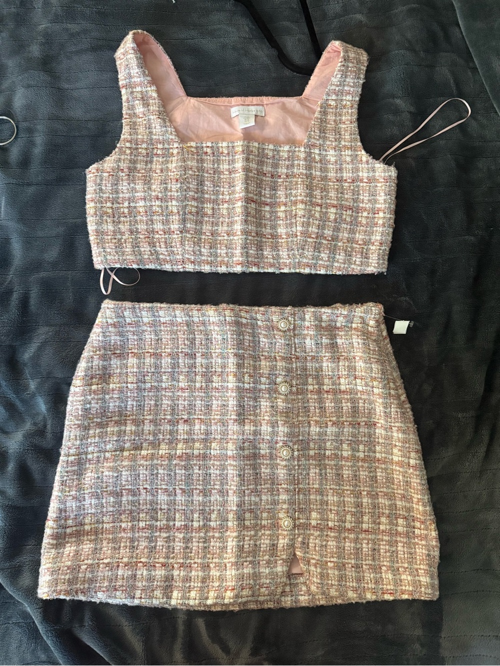 House of Harlow 1960 Pink Tweed Crop Top and Button Front Skirt Set